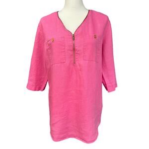 Company by Ellen Tracy Linen V-Neck Zip Tunic Women M Hot pink with Gold Accent